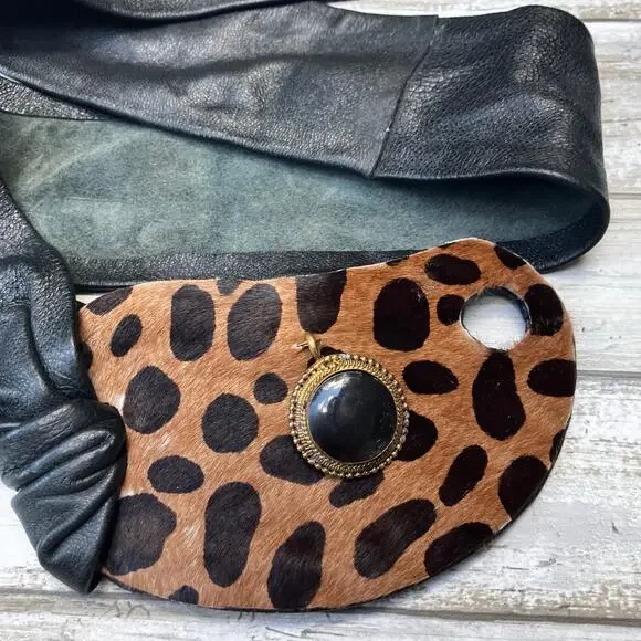 Handmade Leather Belt OOAK Tie Wrap 41” Black Cheetah Faux Fur Mobwife Bohemian - Picture 7 of 8